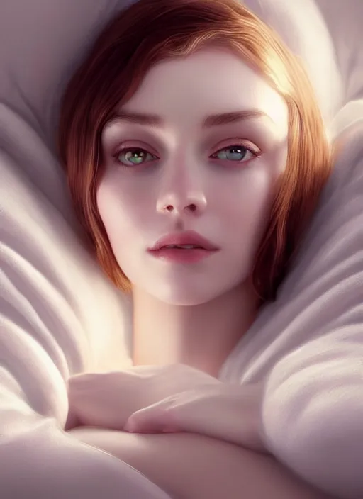 Prompt: young woman beautiful face : : white peignoir : : lie in bed at night : : weta disney pixar movie still photo : : decadent highly - detailed digital painting, very soft light, full length shot, golden ratio, octane render, artstation, smooth, sharp focus, artgerm, mucha, loish, wlop, gogo