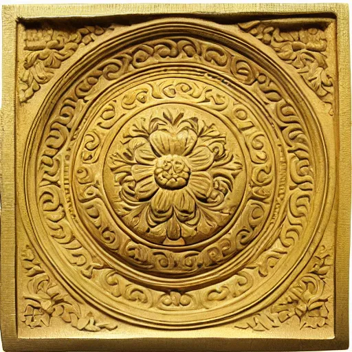 Prompt: ornate engraved carving of a high - relief rose in a flat circular inset on a square gold panel