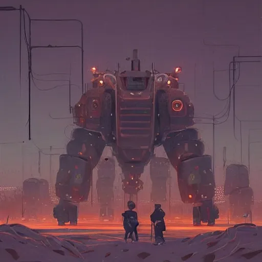 Prompt: the wretched mechanical giants who plague our kingdom, art by Simon Stalenhag