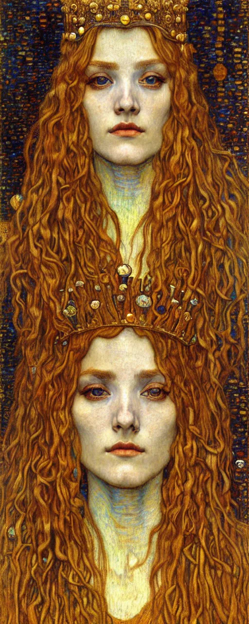 Image similar to detailed realistic beautiful young medieval queen face portrait by jean delville, gustav klimt and vincent van gogh, art nouveau, symbolist, visionary, gothic, pre - raphaelite, muted earthy colors, desaturated