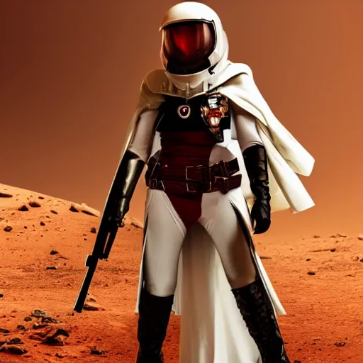 Image similar to a young female soldier wearing bloodstained glossy sleek white dinged scuffed armor and a long torn red cape, heroic posture, determined expression, elegant, no helmet, on the surface of mars, dramatic lighting, cinematic, sci-fi, hyperrealistic, detailed