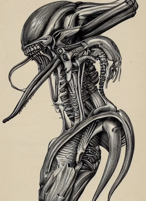 Image similar to full page scan of vintage anatomical drawing of Xenomorph, intricate details, faded colors, necronomicon style, illustration, intricate writing, symmetry, concept art