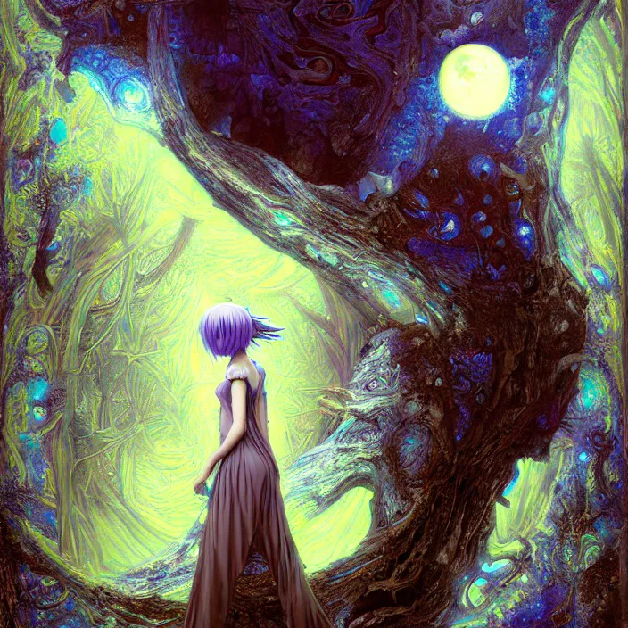 Image similar to dreamscape forest rei ayanami with horns, the moon in the woods, earth from the moon, fractal, liminal space, Japan Lush Forest, Leviathan awakening from Japan in a Radially Symmetric Alien Megastructure turbulent bismuth glitchart Luminism Romanticism by John William Waterhouse Atmospheric Cinematic Environmental & Architectural Design recusion mandelbulb fractal wisdom acrylic pouring