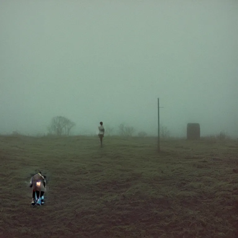 Prompt: the lanky liminal observer droid by dennis mejillones, in a brutalist yet rural landscape by simon stalenhag, 3 5 mm film photography, dawn, eerie fog