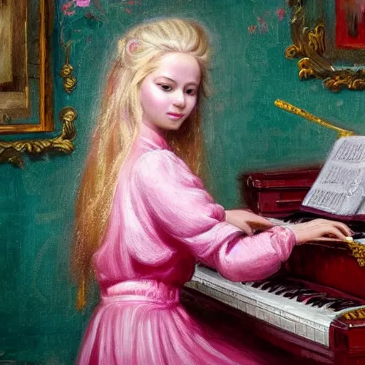 Prompt: highly detailed russian girl with long blond hair playing a pink piano with a cup of tea, masterpiece art