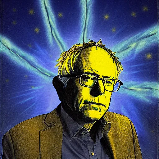 Image similar to portrait of Bernie Sanders with glowing golden aura flying over a desert field, super saiyan 3, yellow spiky hair, digital art