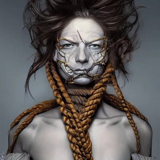 Image similar to portrait of a Shibari rope wrapped face and neck, headshot, insanely nice professional hair style, dramatic hair color, digital painting, of a old 17th century, old cyborg merchant, amber jewels, baroque, ornate clothing, scifi, realistic, hyperdetailed, chiaroscuro, concept art, art by Franz Hals and Jon Foster and Ayami Kojima and Amano and Karol Bak,