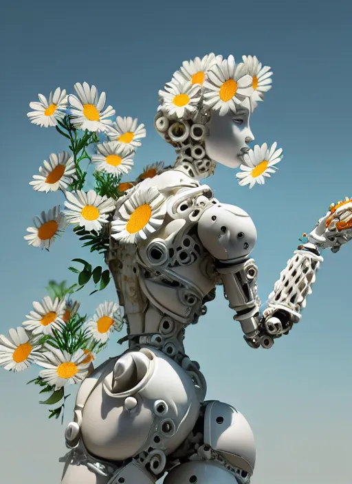 Prompt: biomechanical marble statue carrying a bottle of perfume covered in daisies, up close shot, sharp focus, global illumination, radiant light, alexandre ferra white mecha, irakli nadar, octane highly render, 4 k, ultra hd,