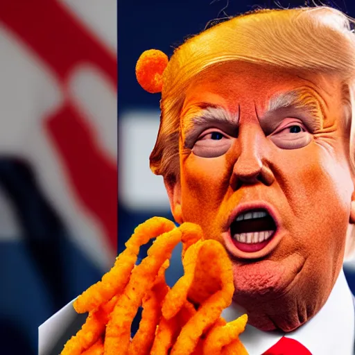 Image similar to donald trump as an actual cheeto, high - res, close - up, varying angles,