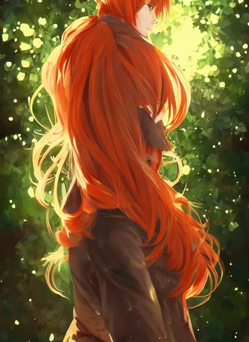 Image similar to portrait painting by shigenori soejima, girl with fox ears, long wavy orange hair, light brown trenchcoat, forest background, focus on face, pretty, cinematic lighting, painterly