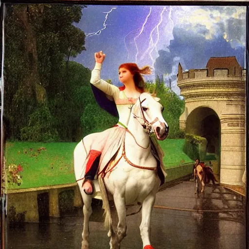 Image similar to Girl riding a horse leaving the castle through the bridge, thunderstorm, french garden on the background major arcana sky, by paul delaroche, alphonse mucha and arnold böcklin arnold böcklin hyperrealistic 8k, very detailed