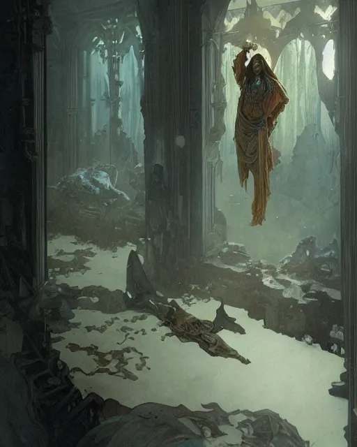 Prompt: inside the king's hall wolves and their treasures, ethereal, ominous, misty, 8 k, by alphonse mucha and greg rutkowski