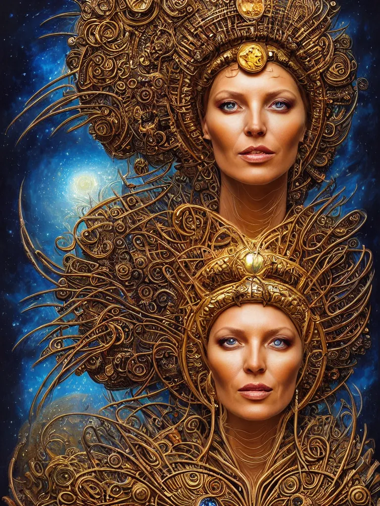 Image similar to hyper-realistic fullbody portrait. very complex hyper-maximalist overdetailed cinematic cosmic scifi portrait of an elegant very attractive sun goddess mother of the universe by andrei riabovitchev, tomasz alen kopera, oleksandra shchaslyva and peter morbacher. Extremely ornated and decorative. Fancy luxury beautiful. Omnious intricate. Secessionist portrait illustration. Goddess of the sky. Focus on face. Artstation. Deviantart. 8k 4k 64megapixel. Rendered by binx.ly.