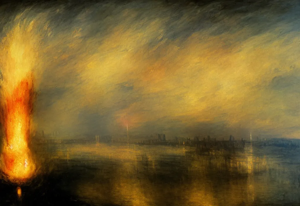 Image similar to a nuclear warhead detonating over the manhattan skyline in the style of william turner. dramatic concept art, 4k, high detail, volumetric lighting