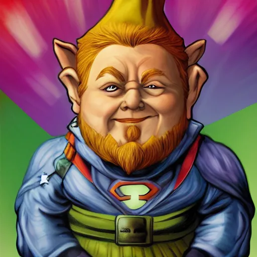 Image similar to gnome superhero in the style of alex ross