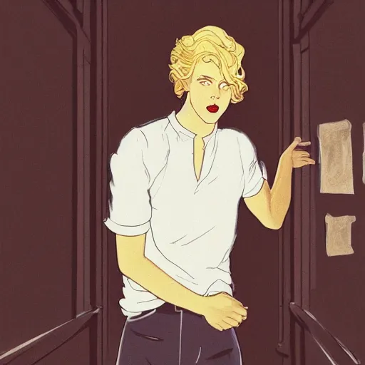 Prompt: the androgynous prince Lucius, head and shoulders masterpiece, pale porcelain skin with long fluffy blond curly hair, in rapture, golden hour, white poet shirt, artstation, in the style of Art Deco and Edward Hopper and Bosch, extremely detailed