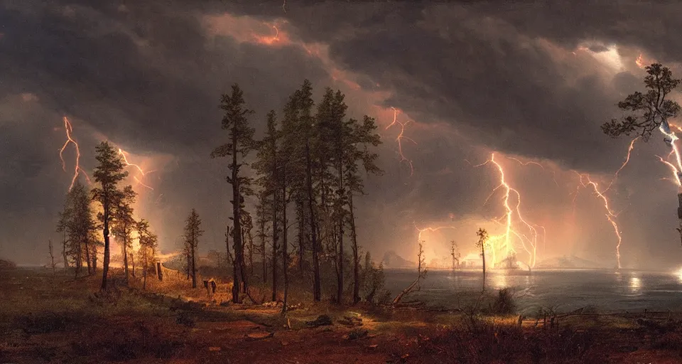 Prompt: red glow, windy, by eugene von guerard, ivan shishkin, night, lightning!!, storm!, dramatic lighting, concept art, trending on artstation, 8 k