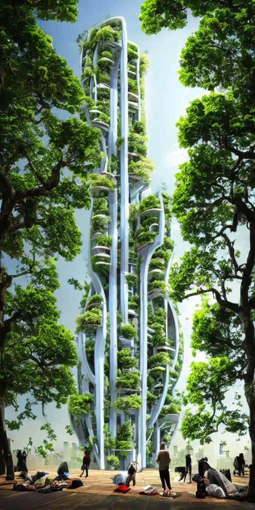 Image similar to photo of futurist biophilic vertical city with giant oak tree in the middle and homeless people praying