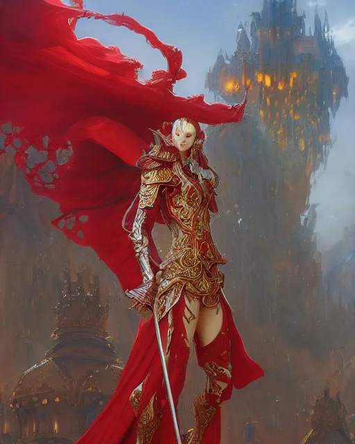 Image similar to A Full View of a Red Mage wearing magical ornate armor. Magus. Red Wizard. masterpiece 4k digital illustration by Ruan Jia and Mandy Jurgens and Artgerm and greg rutkowski and Alexander Tsaruk and WLOP and Range Murata, award winning, Artstation, art nouveau aesthetic, Alphonse Mucha background, intricate details, realistic, panoramic view, Hyperdetailed, 8k resolution, intricate art nouveau
