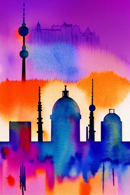 Prompt: minimalist watercolor art of berlin skyline at sunset, illustration, vector art