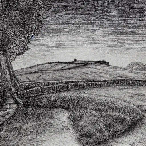 Prompt: pencil illustration of hadrian's wall