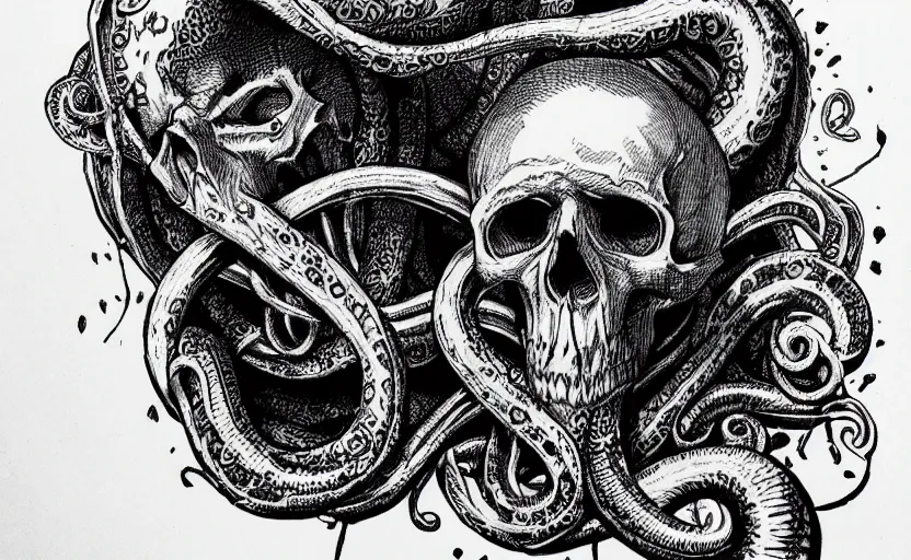 Image similar to a Skull with tentacles coming out of the eyes, ink on paper, crosshatch shading