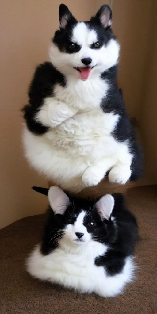 Image similar to corgi weaкing saddle, cute fluffy tuxedo cat riding on the top of him, realistic photo