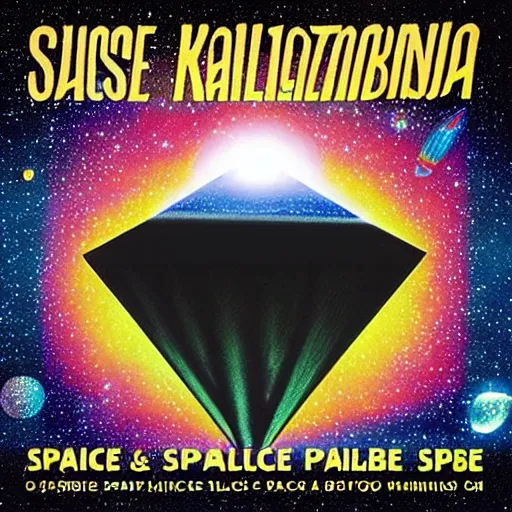 Prompt: album cover of dreamy kalimba lullabies through space by pink floyd, science fiction