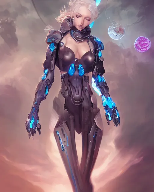 Image similar to holy cyborg necromancer girl, elegant, scifi, futuristic, utopia, garden, illustration, atmosphere, top lighting, blue eyes, white hair, focused, artstation, highly detailed, art by yuhong ding and chengwei pan and serafleur and ina wong