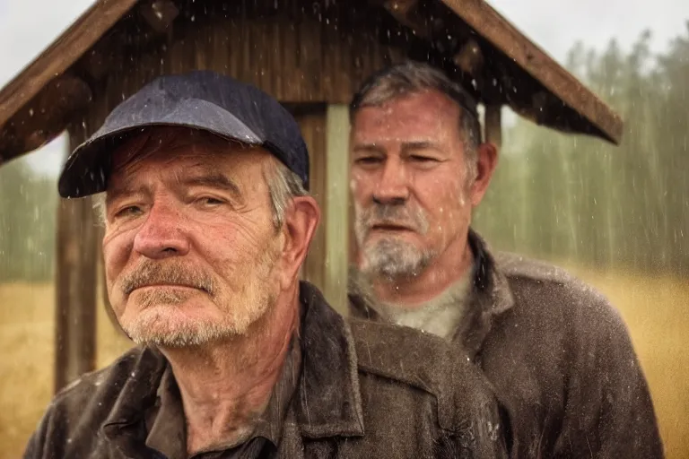 Image similar to a cinematic headshot portrait of a farmer, stood outside a wooden cabin, by krenz cushart, raining, movie still, shallow depth of field, dramatic lighting,