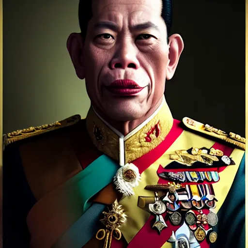 Image similar to a portrait of King Vajiralongkorn picking his nose, realistic face, grimdark extremely detailed fantasy art by Gerald Brom, octane render