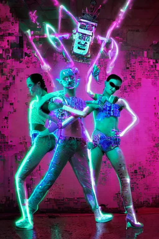 Image similar to full-body neon porcelain baroque bladerunner pixelated glitched style sculpture of four young royal dancers Kazaky as a high-fashion half-robot wearing retro shades with a porcelain body with an opening exposing a corrupted battery leaking blue glowing radioactive liquid, electric sparks, glowing violet laser beam eyes, crown of giant rubies, flowing pink and orange neon-colored glitched silk, luminescent fabrics, mechanical raptors. baroque and steampunk elements. full-length view. baroque element. intricate artwork by caravaggio. Very very very very highly detailed epic photo of face. Trending on artstation, octane render, cinematic lighting from the right, hyper realism, octane render, 8k, depth of field, 3D