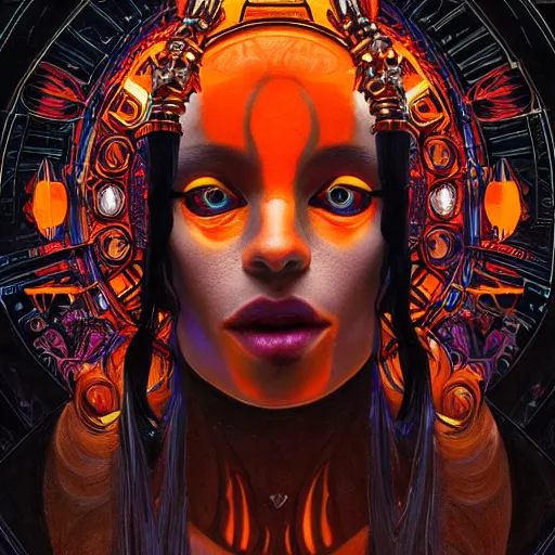 Image similar to deity starring into the camera, fixed eyes, flowing black coat with glowing neon orange trim, inside a museum, colorful, surreal, dramatic lighting, face, detailed, intricate, elegant, highly detailed, digital painting, artstation,, concept art, smooth, sharp focus, illustration, art by sam spratt, dan mumford, artem demura and alphonse mucha