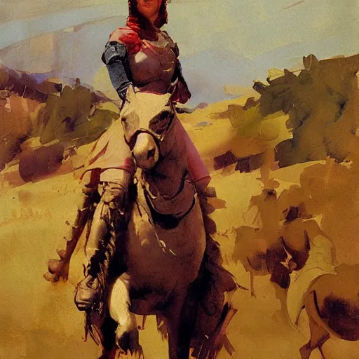 Prompt: portrait of woman wearing medieval clothing on horseback galloping, detailed by greg manchess, craig mullins, bernie fuchs, walter everett