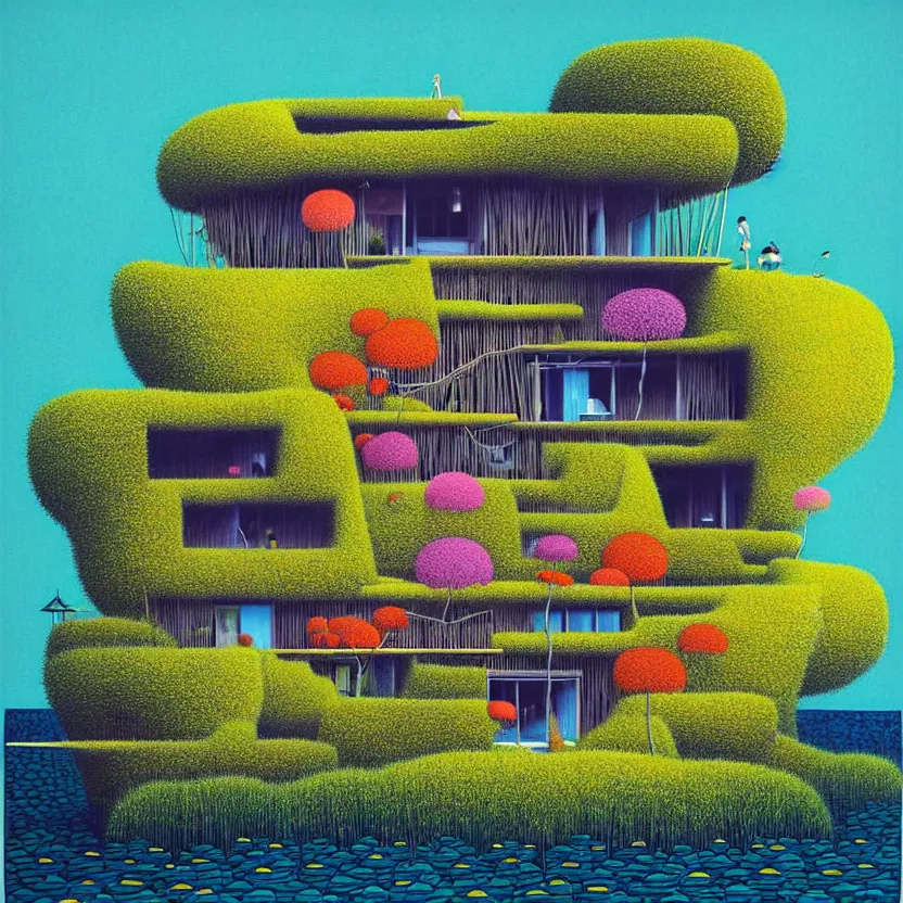 Image similar to surreal glimpse into other universe, a house by kengo kuma on an island, summer morning, very coherent and colorful high contrast, art by!!!! gediminas pranckevicius!!!!, geof darrow, floralpunk screen printing woodblock, dark shadows, hard lighting, stipple brush technique,