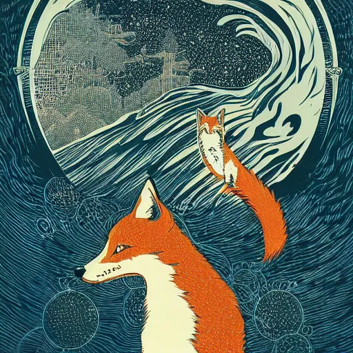 Image similar to fox and a robot by woodblock print, nicolas delort, moebius, victo ngai, josan gonzalez, kilian eng