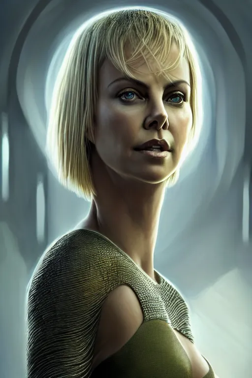 Image similar to a photorealistic painting of Charlize Theron, partially clothed in stealth armor, olive skin, long dark hair, beautiful bone structure, symmetrical face, perfect eyes, intricate, elegant, digital painting, concept art, illustration, sharp focus, minimal artifacts, from Valerian and the City of a Thousand Planets, in the style of Ruan Jia and Mandy Jurgens and Greg Rutkowski, trending on Artstation, award winning