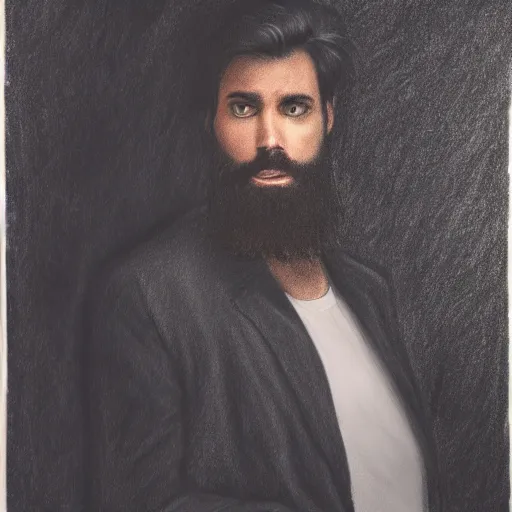 Prompt: a drawing of a man with black hair and beard, wearing a black jacket, white shirt and jeans, trapped in a dimly lit room, looking confused, vivid colors, soft lighting, atmospheric, cinematic, moody, oil on canvas, 8 k