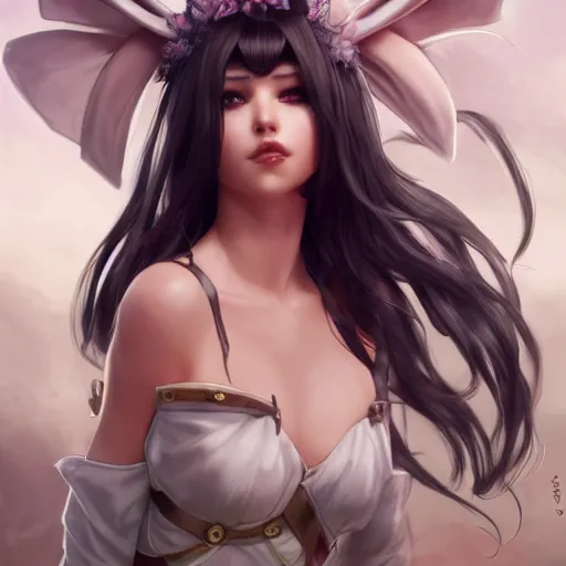 Image similar to sage ( valorant ), wearing a bunny suit, cg animation, riot entertainment, long ponytail black hair, realistic, character select portrait, by artgerm, greg rutkowski, alphonse mucha, 3 d, pixiv, full body