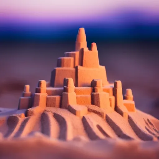 Image similar to gigantic sandcastle contains human crowd, tiltshift, coronation of the sand queen, sunset