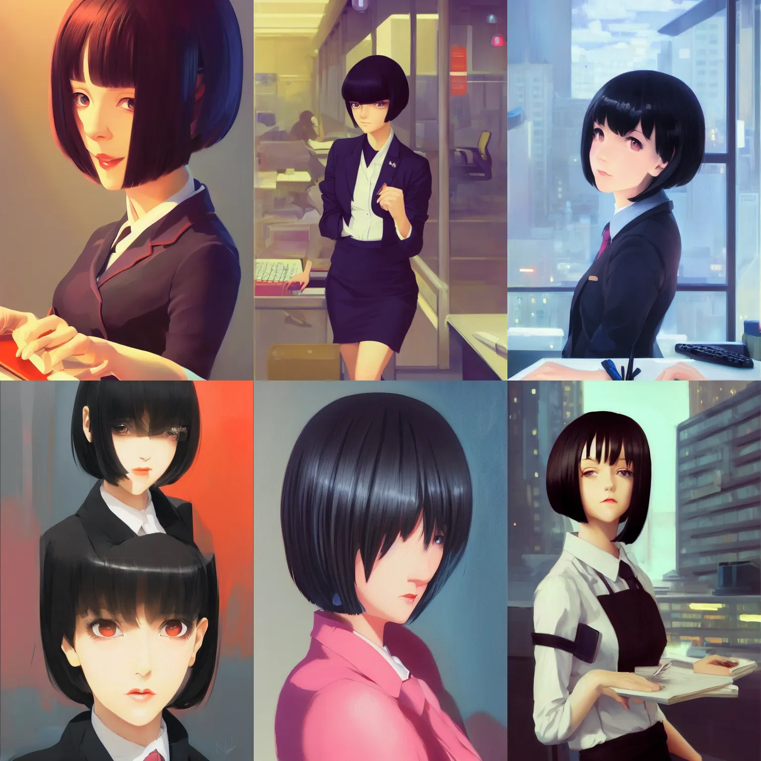Prompt: a portrait of a cute young female office worker with black bob cut hair, business setting, vivid colors, soft lighting, atmospheric, cinematic, moody, in the style of Ilya Kuvshinov and Range Murata, Krenz Cushart, oil on canvas, 8k