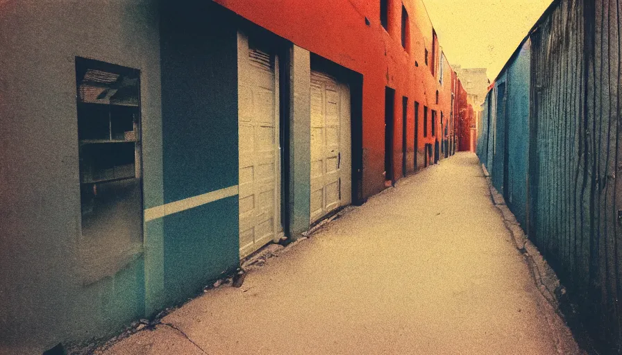 Prompt: analog polaroid photograph of an alley with road markings, seen from above, high perspective, warm azure tones, red color bleed, duotone, heavy film grain, depth of field