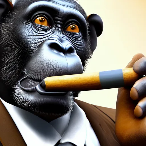 Prompt: a high detail closeup shot of a chimp wearing a suit 👔,and smoking a cigarrette🚬, cgcosiety, artstation, unreal engine, realism