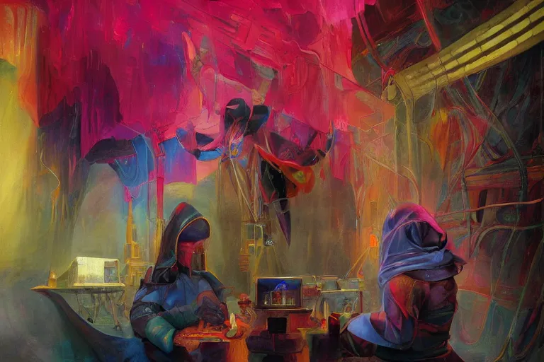 Image similar to A beautiful masterpiece painting of a technomancer wizard in robes with pointed hood discussing sentience with his synthesized Al djinn in his laboratory near a computer (by Remedios Varo and Anato Finnstark and Greg Rutkowski), (dayglo pink, dayglo blue, dazzle camouflage), 8k, trending on ArtStation