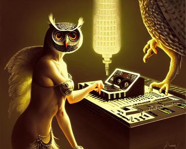 Image similar to anthropomorphic dj owl mixing on stage, diffuse lighting, fantasy, intricate, elegant, highly detailed, lifelike, photorealistic, digital painting, artstation, illustration, concept art, smooth, sharp focus, art by john collier and albert aublet and krenz cushart and artem demura and alphonse mucha