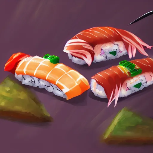 Prompt: sushi fighting each other, digital art, digital painting, character design, trending, artstation