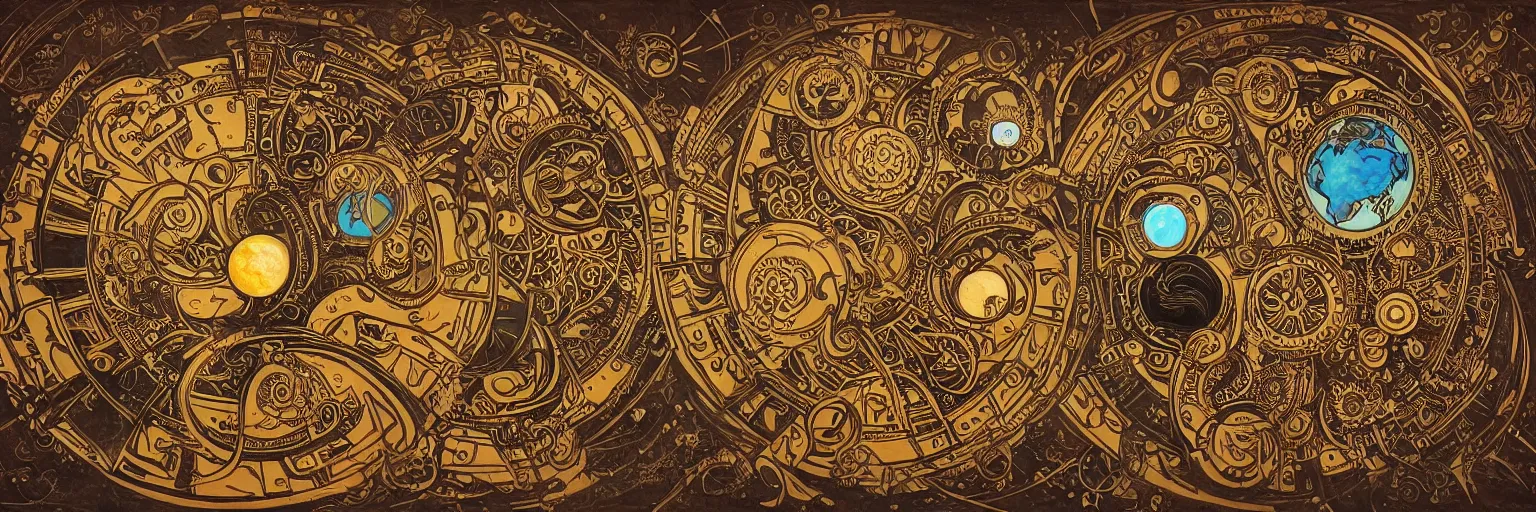 Prompt: steampunk art nouveau portrait of a sun and moon and stars and a comet and the planet earth, rich bright colors, intricate, ornate, circuitry, gears, carved, extremely hyperdetailed, art deco, four color, sharp focus