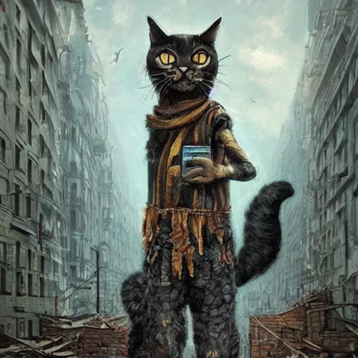 Image similar to gigantic cat walking on apocalyptic city, very detailed fine art, trend of artistation, style of jazinski and repin