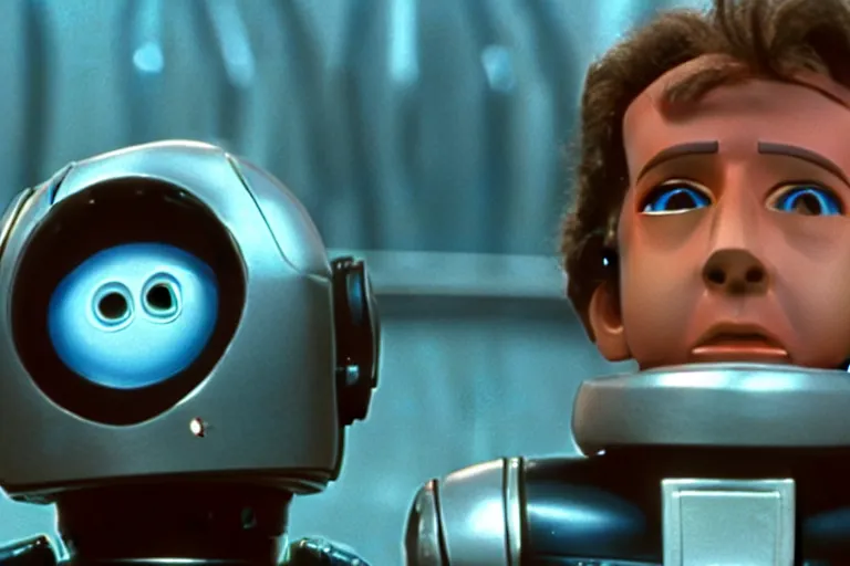 Image similar to a movie still from the 1985 summer blockbuster movie Back to the Robots directed by Steven Spielberg