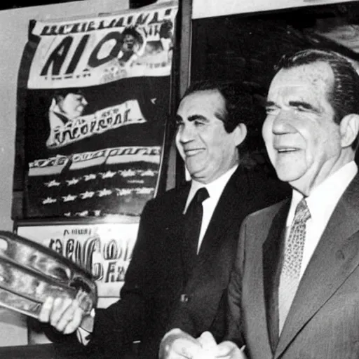 Prompt: President Nixon wearing roller skates, roller-skating in a Mexican restaurant, Mexican decorations in the background, award-winning front-page newspaper photograph, grainy